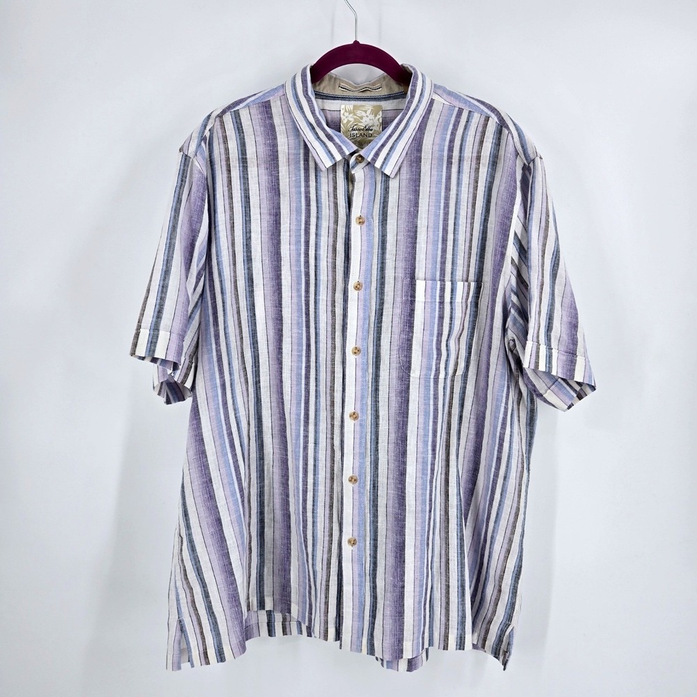 Tasso‎ Elba Island Shirt XXL Linen Cotton Blue Lavender Stripe Short Sleeve EUC